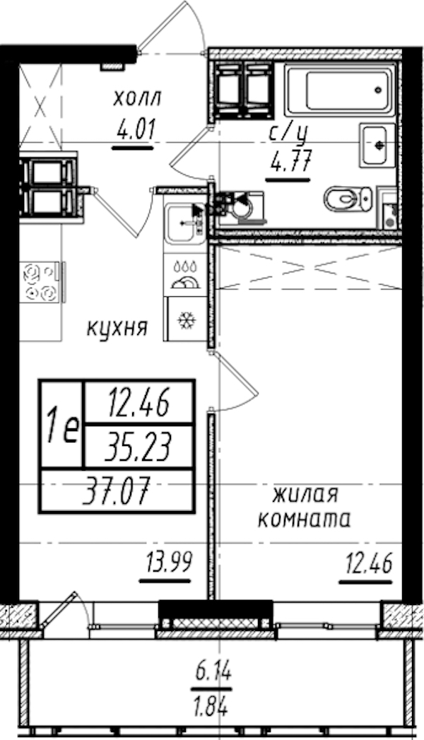 1-комнатная квартира 37.07 м², 19/25 эт., ЖК «Северная Долина»
